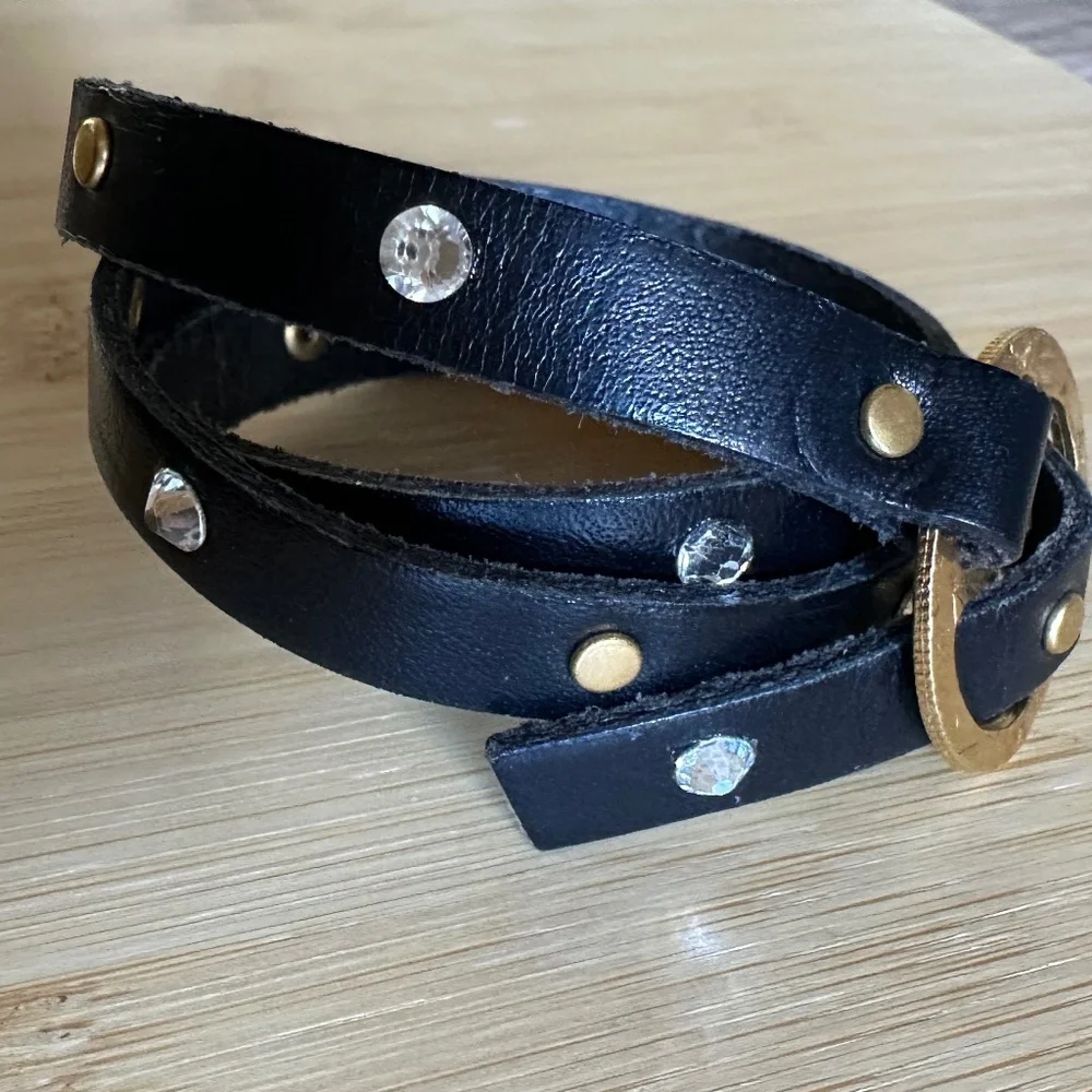 Black Leather Wrap Bracelet w/ Antique Gold & Crystal Accents